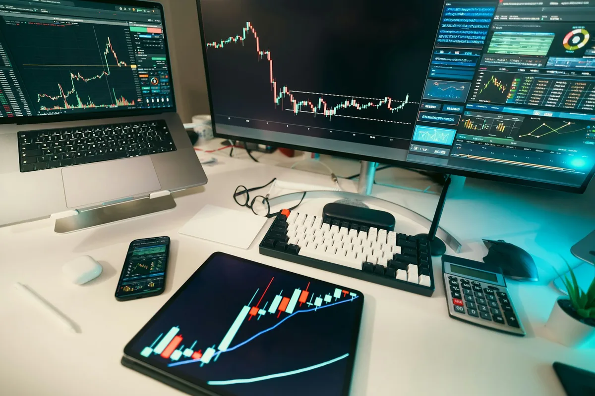 Financial investment charts and graphs showing stock market performance analysis
