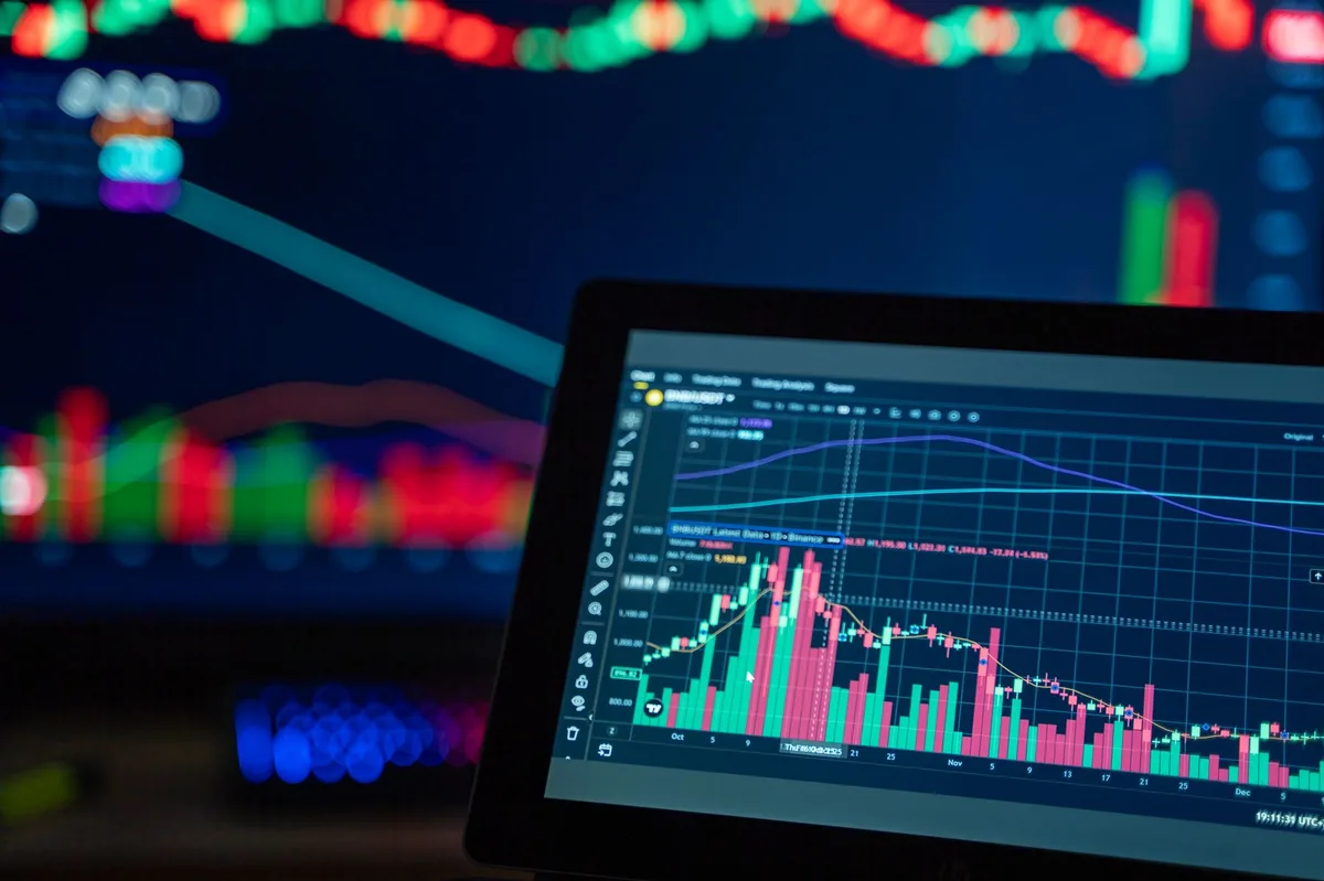 Financial charts and graphs on a computer screen showing investment performance