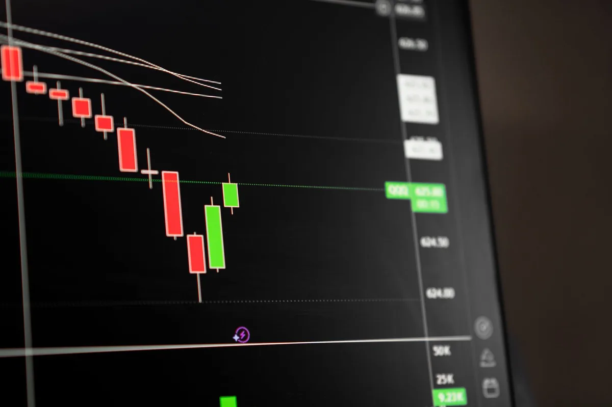 Stock market candlestick chart showing price volatility and declining trends