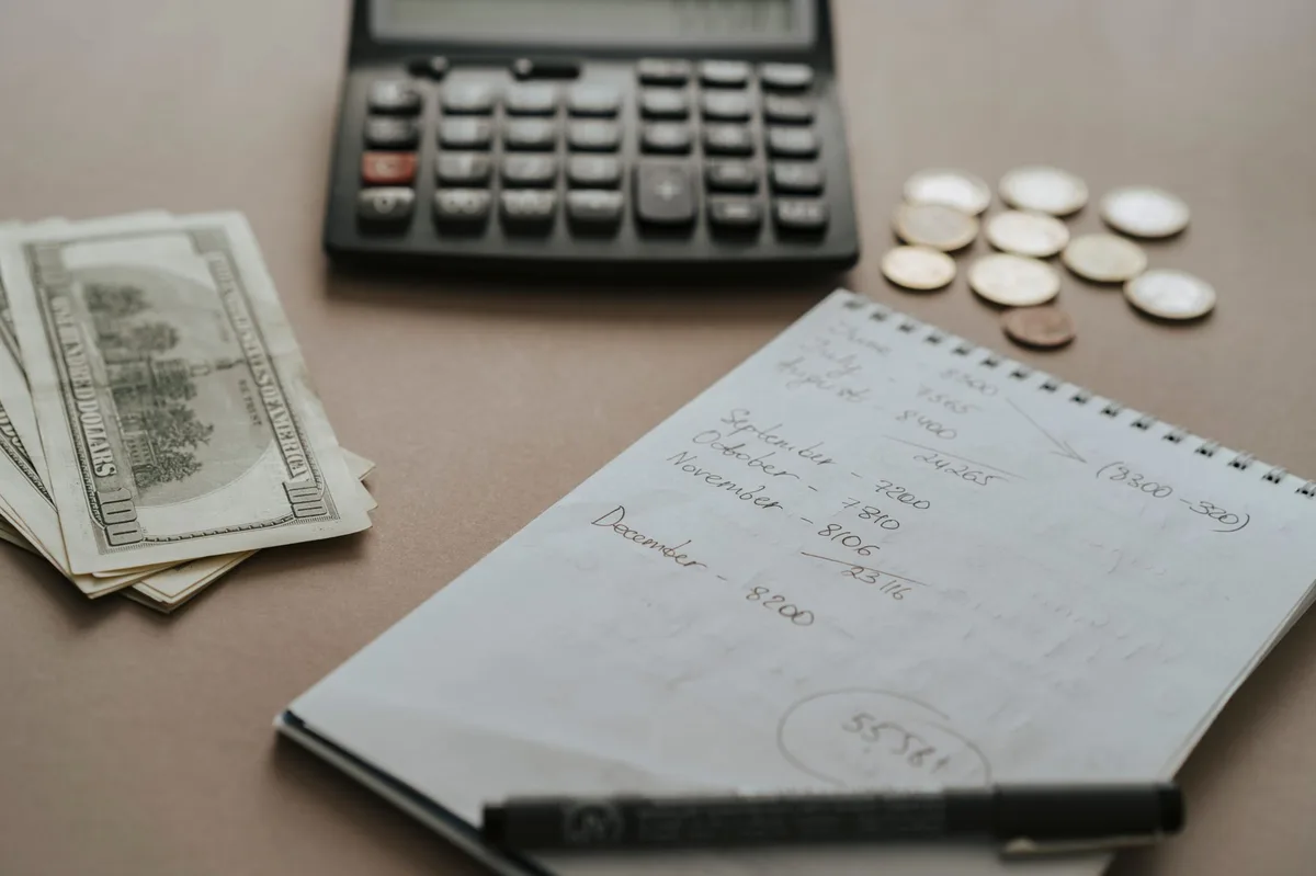 Calculator and coins on a desk representing budget planning